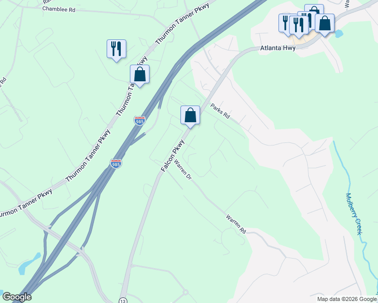 map of restaurants, bars, coffee shops, grocery stores, and more near 3907 Falcon Parkway in Flowery Branch