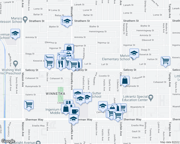 map of restaurants, bars, coffee shops, grocery stores, and more near 19930 Saticoy St in Los Angeles