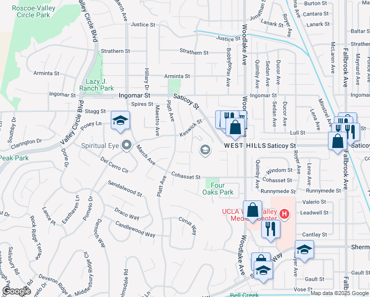 map of restaurants, bars, coffee shops, grocery stores, and more near 7556 Chaminade Avenue in Los Angeles