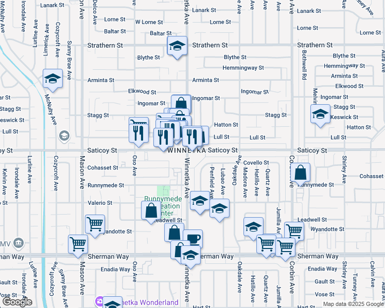 map of restaurants, bars, coffee shops, grocery stores, and more near 7554 Winnetka Avenue in Los Angeles