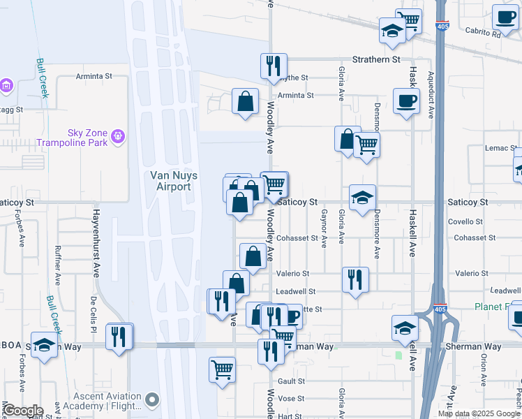 map of restaurants, bars, coffee shops, grocery stores, and more near 16116 Saticoy Street in Los Angeles