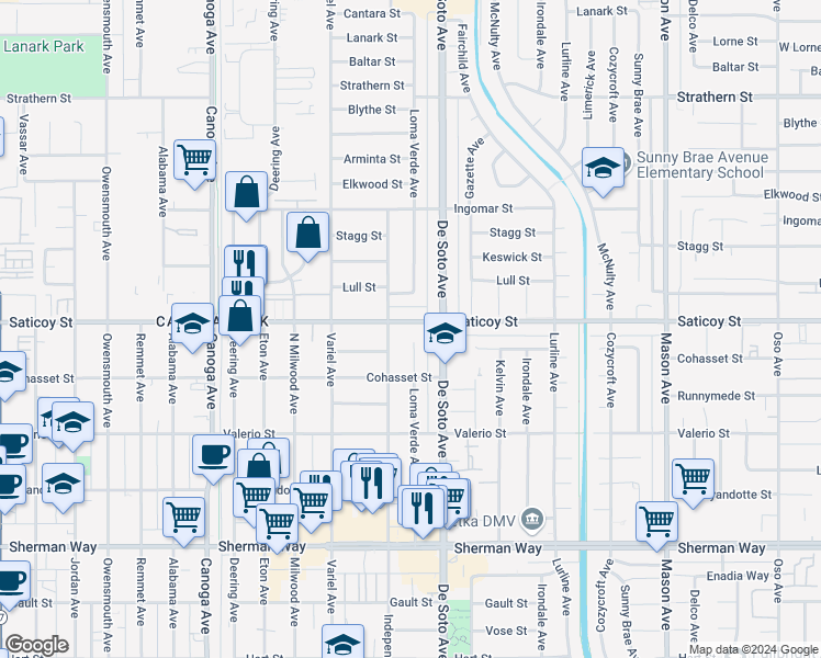 map of restaurants, bars, coffee shops, grocery stores, and more near 20940 Saticoy Street in Los Angeles
