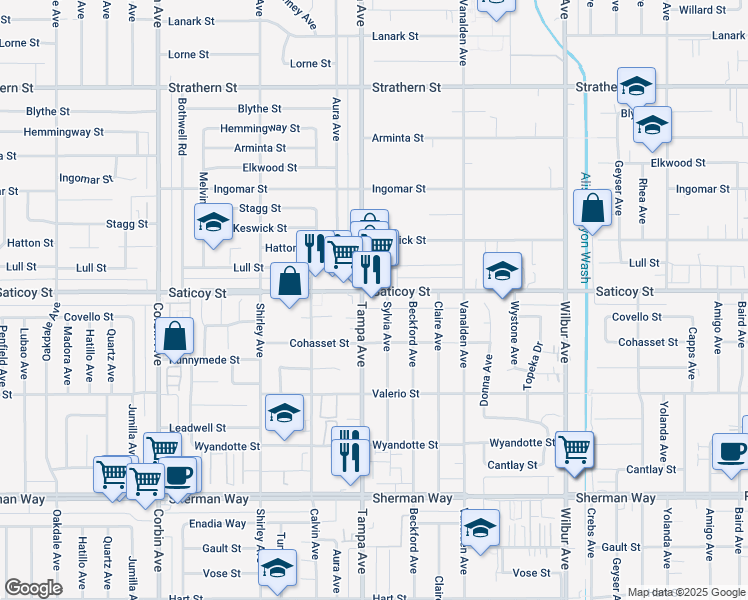 map of restaurants, bars, coffee shops, grocery stores, and more near 7541 Sylvia Avenue in Los Angeles