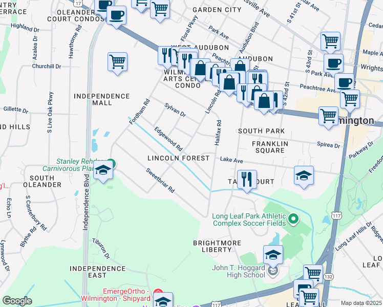 map of restaurants, bars, coffee shops, grocery stores, and more near 3905 Edgewood Road in Wilmington