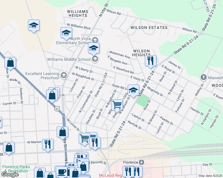 map of restaurants, bars, coffee shops, grocery stores, and more near 712 Stackley Street in Florence
