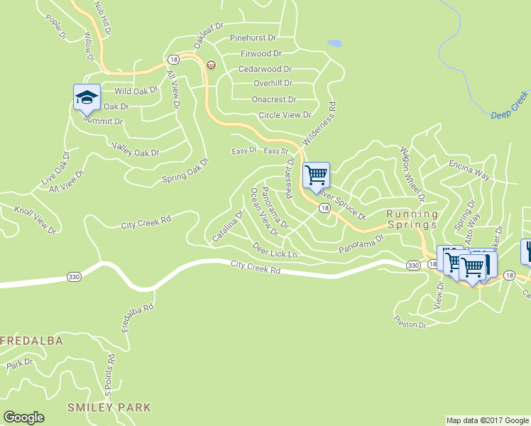 map of restaurants, bars, coffee shops, grocery stores, and more near 31450 Ocean View Drive in Running Springs