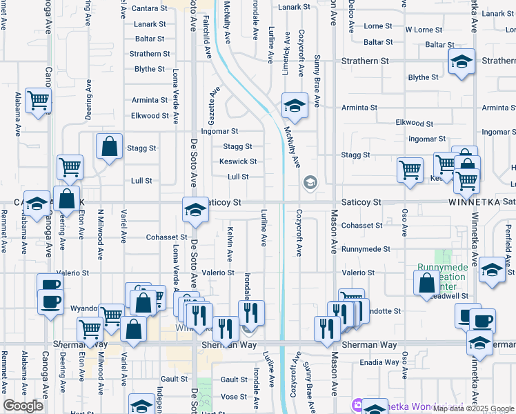 map of restaurants, bars, coffee shops, grocery stores, and more near 20708 Saticoy Street in Los Angeles