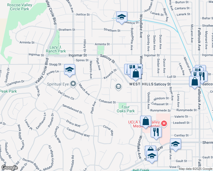 map of restaurants, bars, coffee shops, grocery stores, and more near 7556 Chaminade Avenue in Los Angeles