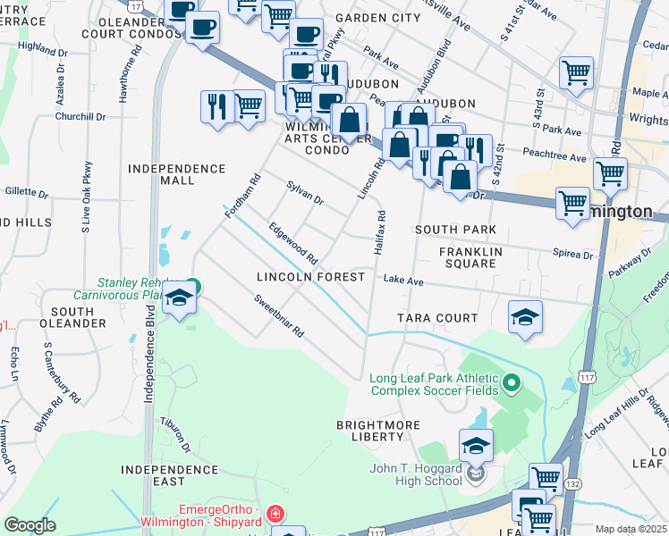 map of restaurants, bars, coffee shops, grocery stores, and more near 3905 Edgewood Road in Wilmington