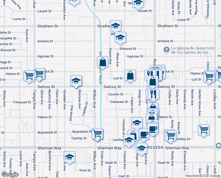 map of restaurants, bars, coffee shops, grocery stores, and more near 18745 Covello Street in Los Angeles