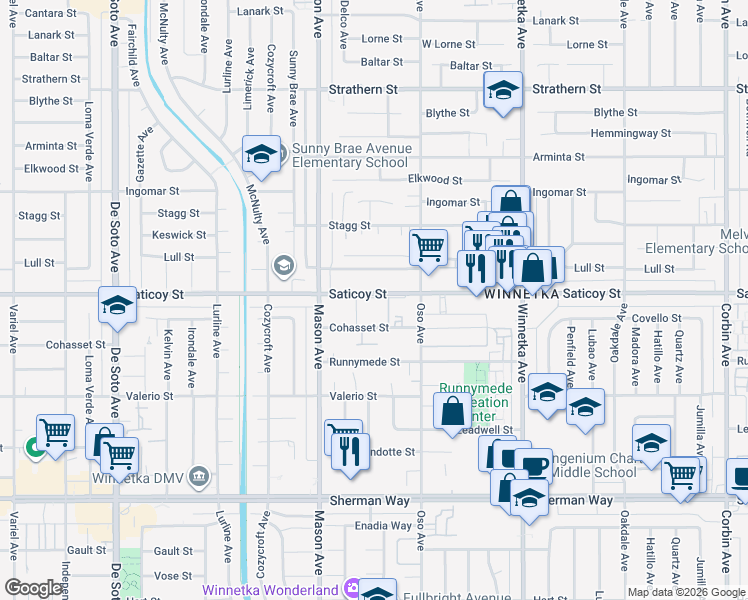 map of restaurants, bars, coffee shops, grocery stores, and more near 20414 Saticoy Street in Los Angeles