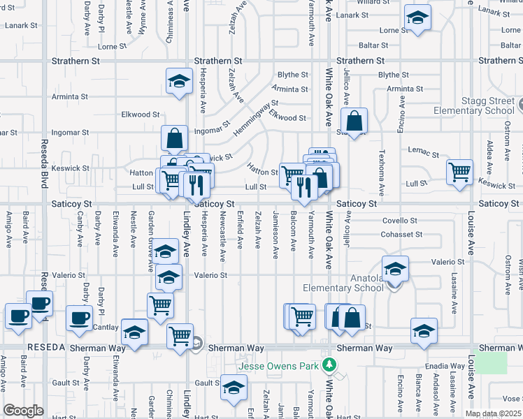 map of restaurants, bars, coffee shops, grocery stores, and more near 7532 Zelzah Avenue in Los Angeles