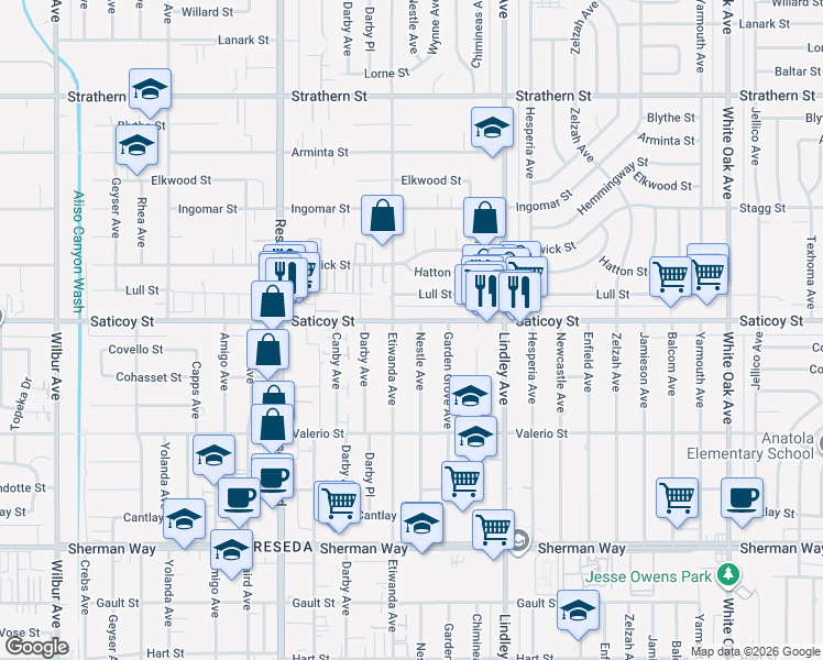 map of restaurants, bars, coffee shops, grocery stores, and more near 7536 Etiwanda Avenue in Los Angeles