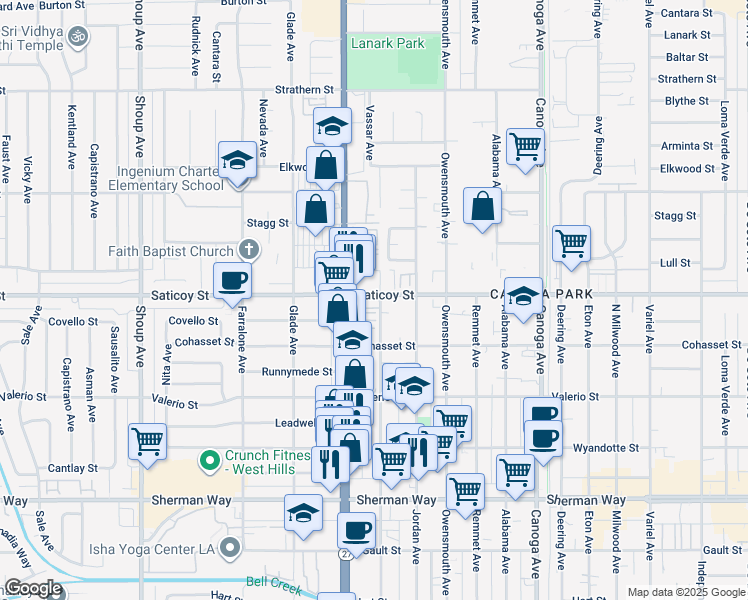 map of restaurants, bars, coffee shops, grocery stores, and more near 7533 Vassar Avenue in Los Angeles
