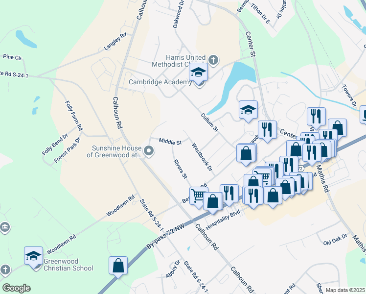 map of restaurants, bars, coffee shops, grocery stores, and more near 1642 Rivers Street in Greenwood