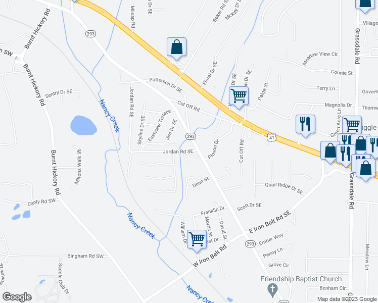 map of restaurants, bars, coffee shops, grocery stores, and more near 34 Crump Road Southeast in Cartersville