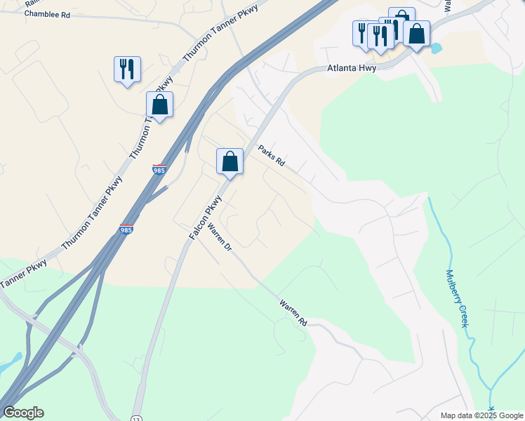 map of restaurants, bars, coffee shops, grocery stores, and more near 4055 Alderstone Drive in Flowery Branch