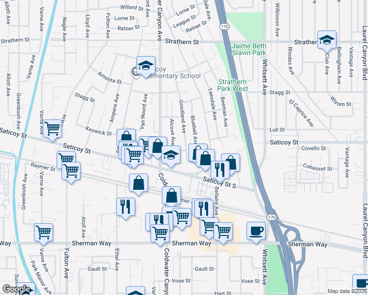 map of restaurants, bars, coffee shops, grocery stores, and more near 12818 Covello Street in Los Angeles