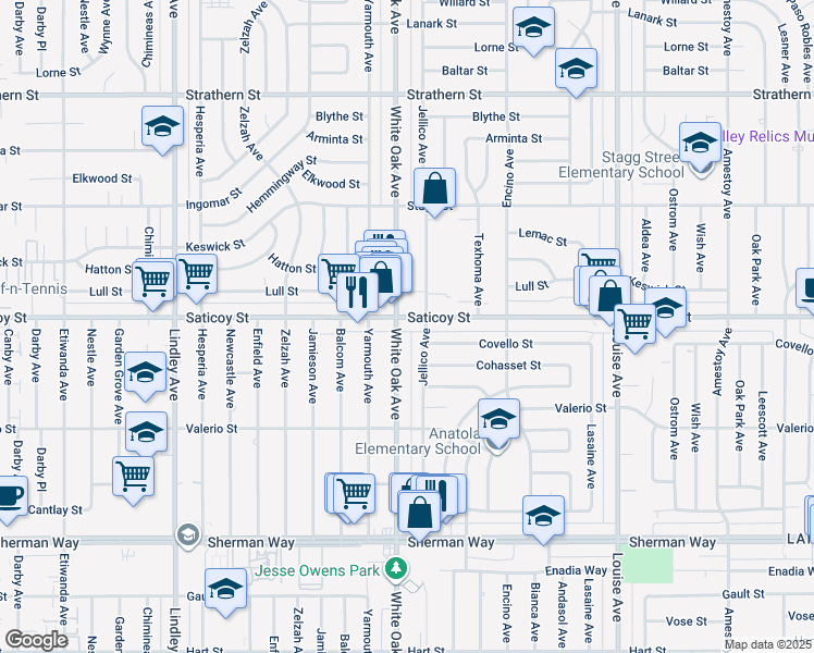 map of restaurants, bars, coffee shops, grocery stores, and more near 7525 Jellico Avenue in Los Angeles