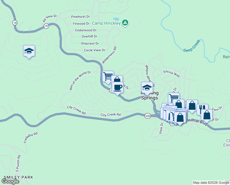 map of restaurants, bars, coffee shops, grocery stores, and more near 31575 Hilltop Boulevard in Running Springs