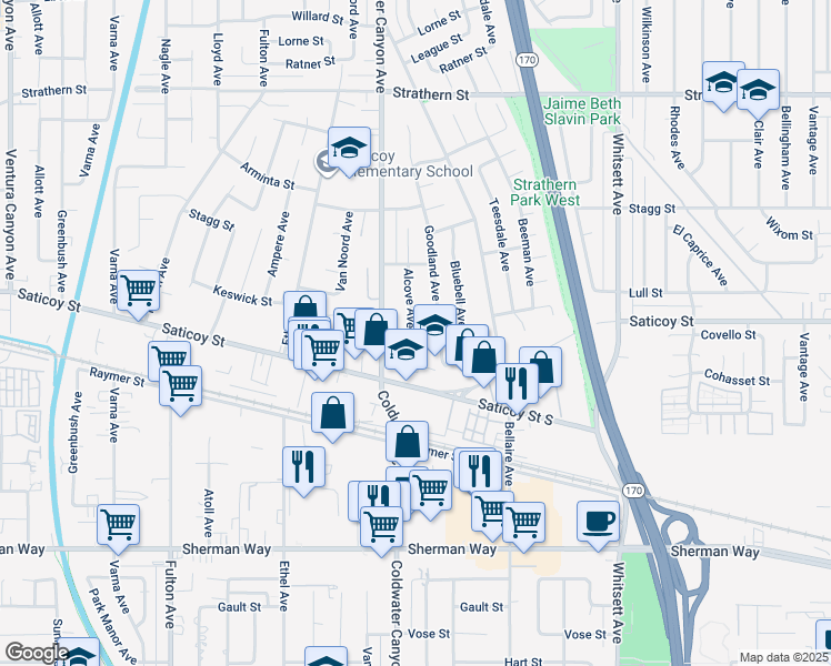 map of restaurants, bars, coffee shops, grocery stores, and more near 12827 Covello Street in Los Angeles