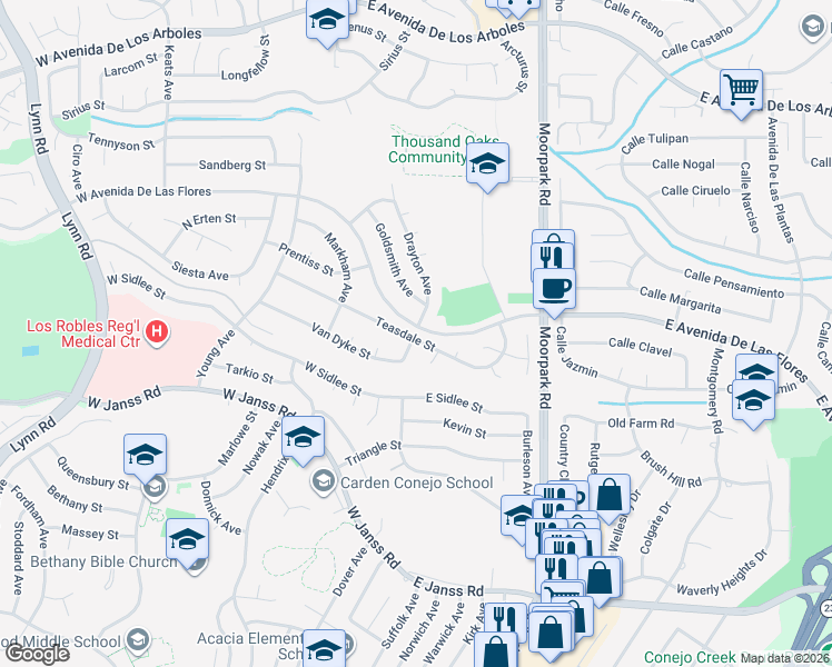 map of restaurants, bars, coffee shops, grocery stores, and more near 160 Van Dyke Street in Thousand Oaks