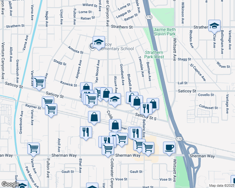 map of restaurants, bars, coffee shops, grocery stores, and more near 12827 Covello Street in Los Angeles