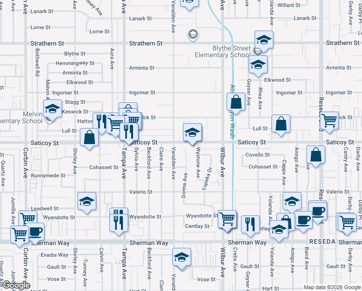 map of restaurants, bars, coffee shops, grocery stores, and more near 7561 Donna Avenue in Los Angeles