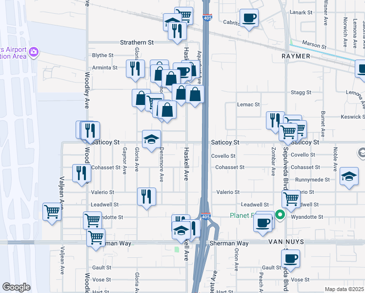 map of restaurants, bars, coffee shops, grocery stores, and more near 15716 Saticoy Street in Los Angeles