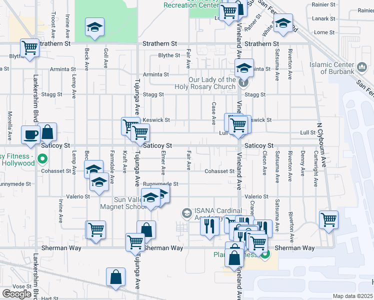 map of restaurants, bars, coffee shops, grocery stores, and more near 11200 Saticoy Street in Los Angeles