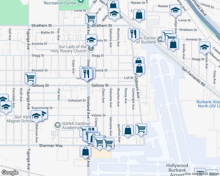 map of restaurants, bars, coffee shops, grocery stores, and more near 10842 Saticoy Street in Los Angeles