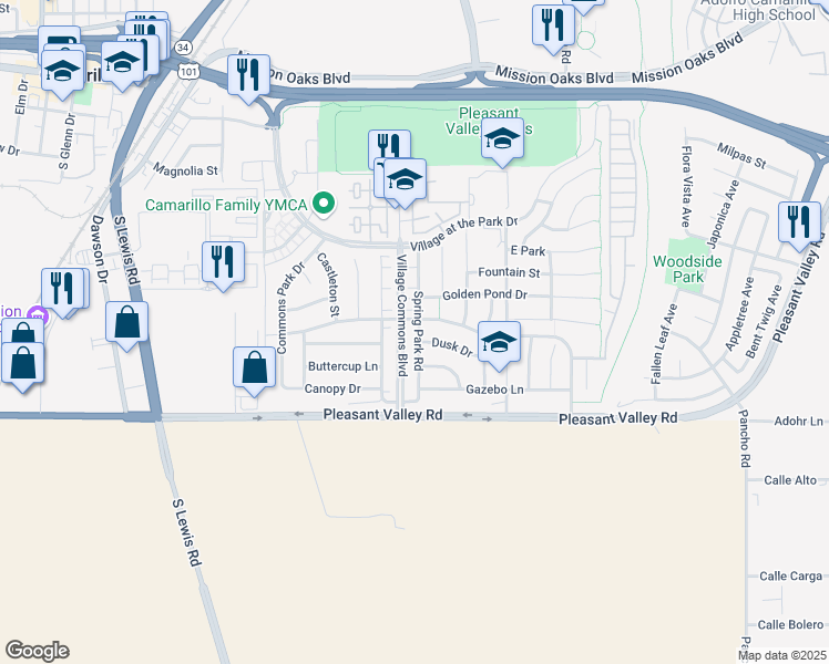 map of restaurants, bars, coffee shops, grocery stores, and more near 409 Spring Park Road in Camarillo