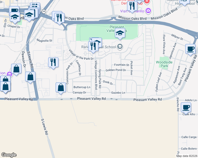 map of restaurants, bars, coffee shops, grocery stores, and more near 428 Village Commons Boulevard in Camarillo