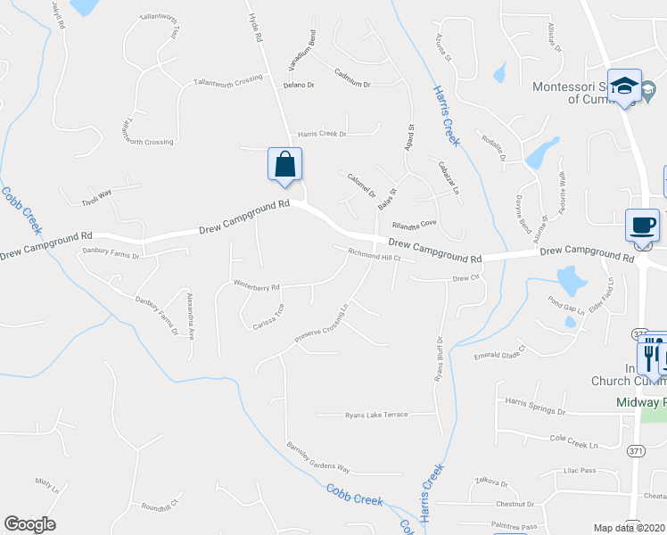 map of restaurants, bars, coffee shops, grocery stores, and more near 3730 Winterberry Road in Cumming
