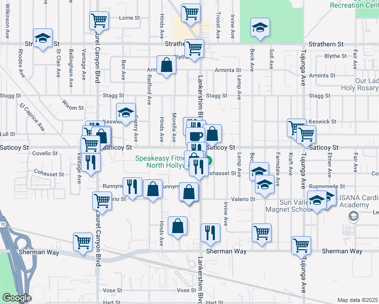 map of restaurants, bars, coffee shops, grocery stores, and more near 11722 Saticoy Street in North Hollywood