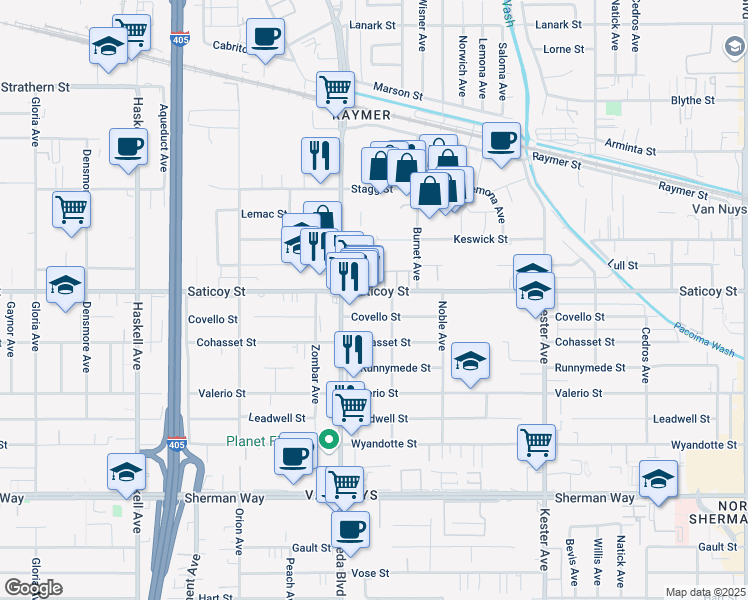 map of restaurants, bars, coffee shops, grocery stores, and more near 15220 Saticoy Street in Los Angeles