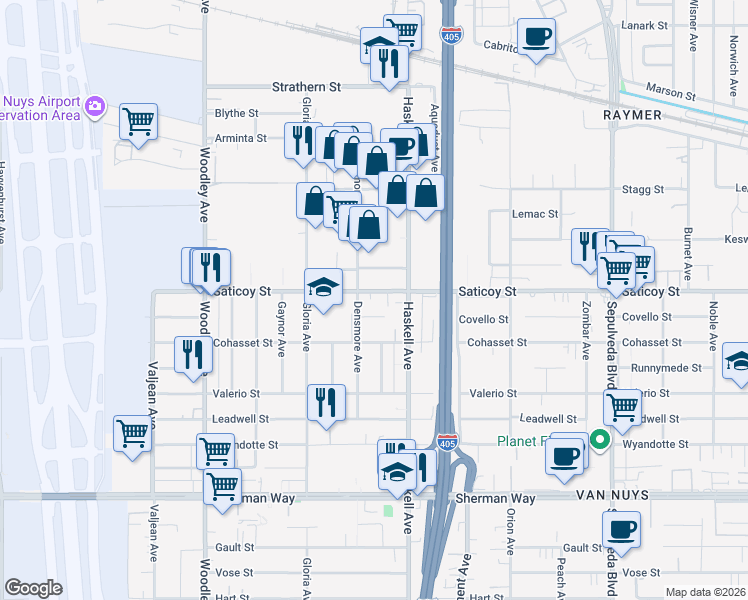 map of restaurants, bars, coffee shops, grocery stores, and more near 15744 Saticoy Street in Los Angeles