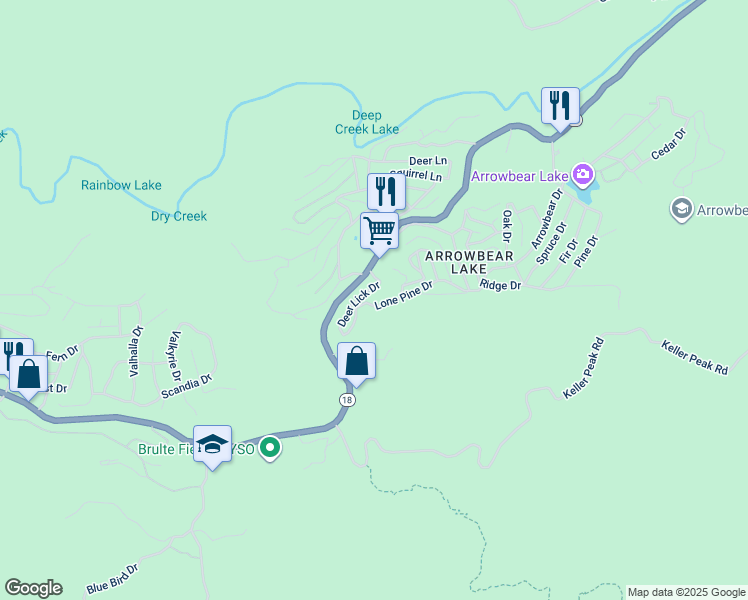 map of restaurants, bars, coffee shops, grocery stores, and more near 32825 Lone Pine Drive in Running Springs