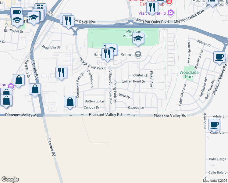 map of restaurants, bars, coffee shops, grocery stores, and more near 409 Spring Park Road in Camarillo