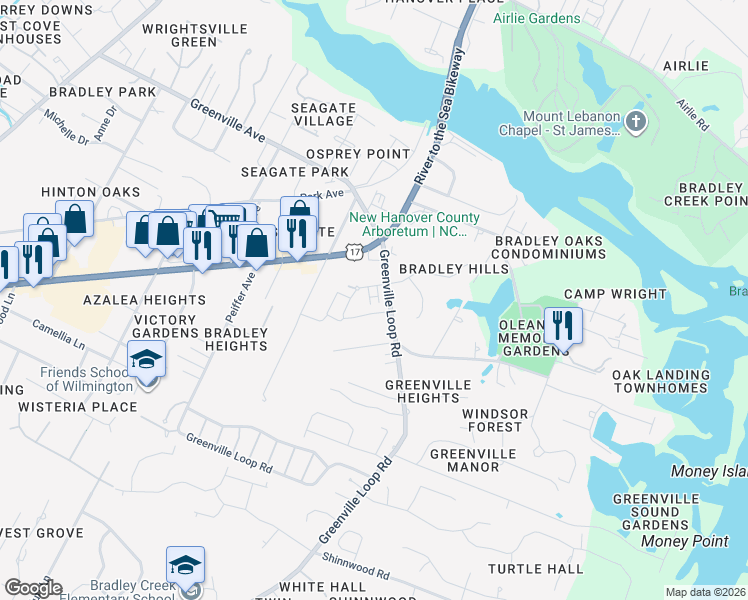 map of restaurants, bars, coffee shops, grocery stores, and more near 6817-6819 Greenville Loop Road in Wilmington