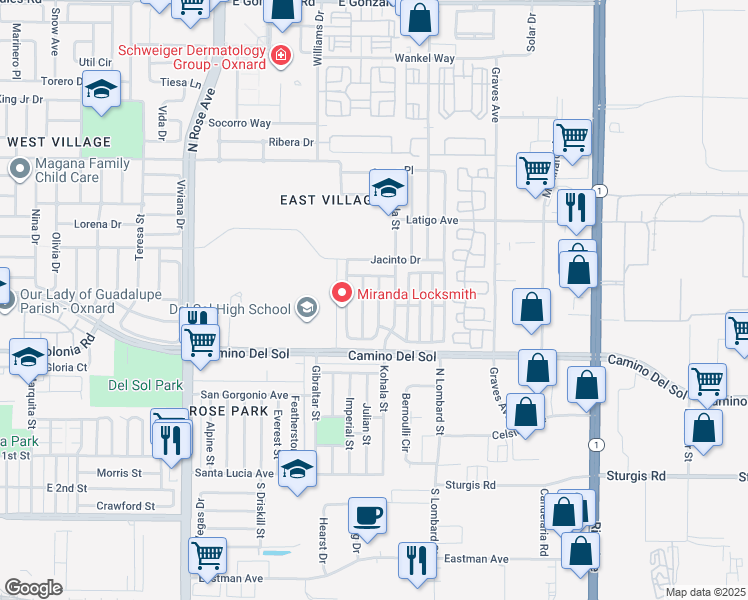 map of restaurants, bars, coffee shops, grocery stores, and more near 723 Isela Street in Oxnard