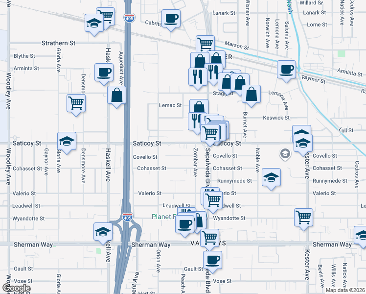 map of restaurants, bars, coffee shops, grocery stores, and more near 15360 Covello Street in Los Angeles