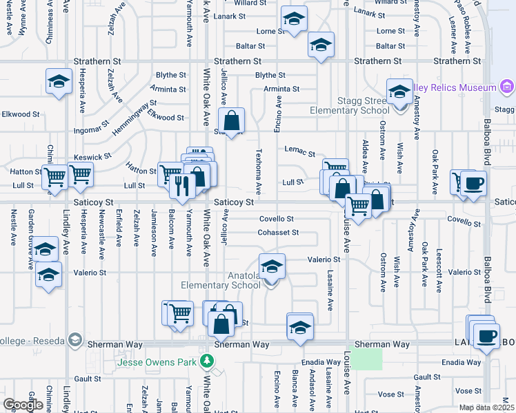 map of restaurants, bars, coffee shops, grocery stores, and more near 17530 Saticoy Street in Los Angeles
