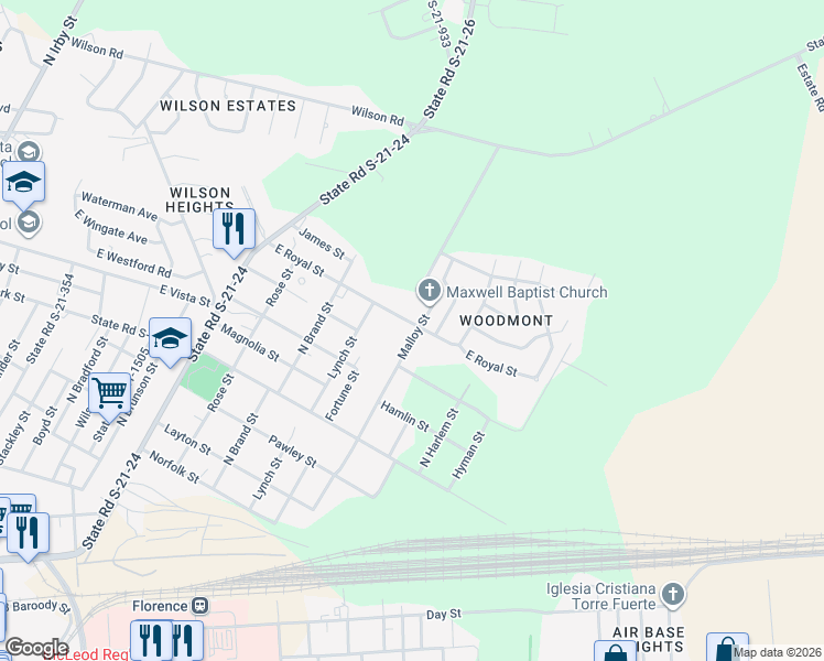 map of restaurants, bars, coffee shops, grocery stores, and more near 1104 Malloy Street in Florence