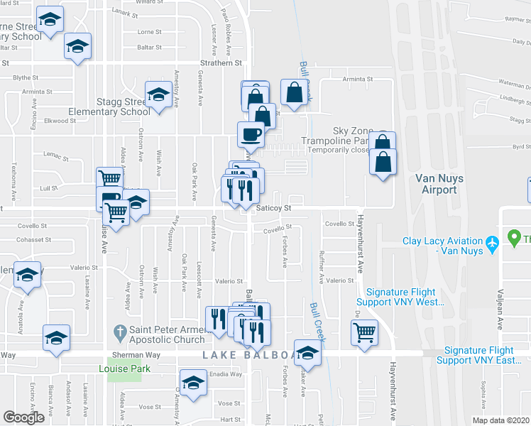 map of restaurants, bars, coffee shops, grocery stores, and more near 16833 Covello Street in Los Angeles