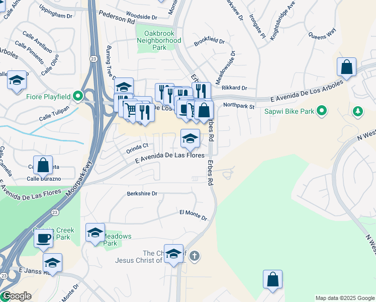 map of restaurants, bars, coffee shops, grocery stores, and more near 2024 Birchdale Court in Thousand Oaks