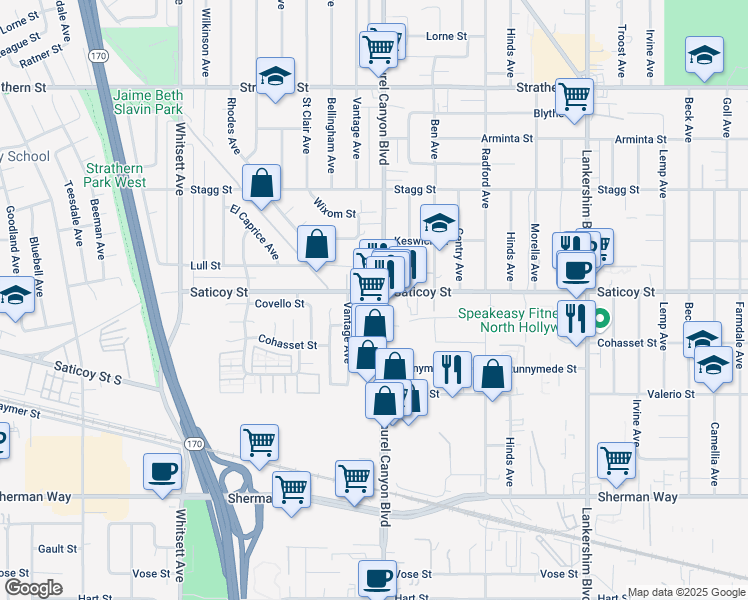 map of restaurants, bars, coffee shops, grocery stores, and more near 7537 Laurel Canyon Boulevard in Los Angeles