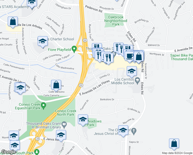 map of restaurants, bars, coffee shops, grocery stores, and more near 1733 Orinda Court in Thousand Oaks