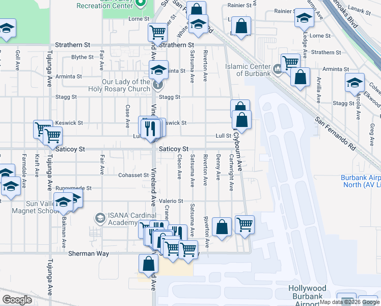 map of restaurants, bars, coffee shops, grocery stores, and more near 10842 Saticoy Street in Los Angeles