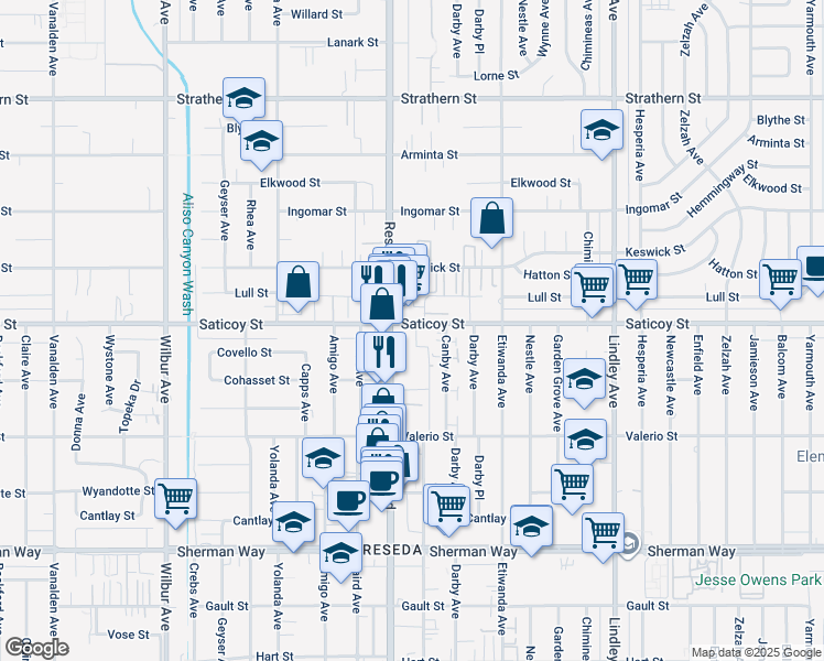 map of restaurants, bars, coffee shops, grocery stores, and more near 7531 Canby Avenue in Los Angeles